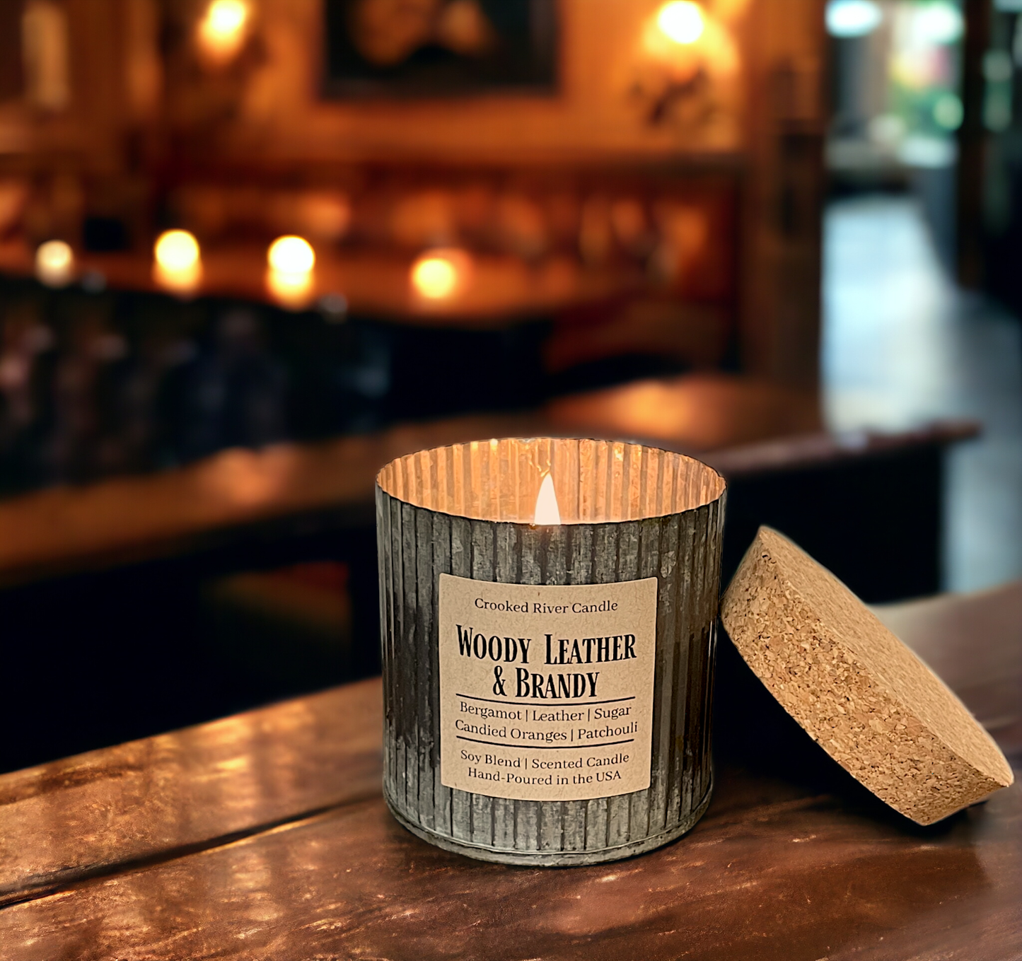 Woody Leather & Brandy | Rustic Tin Soy Candle | Wood Wick