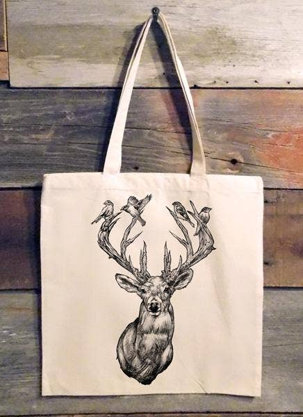 Deer with Birds in Antlers Tote Bag