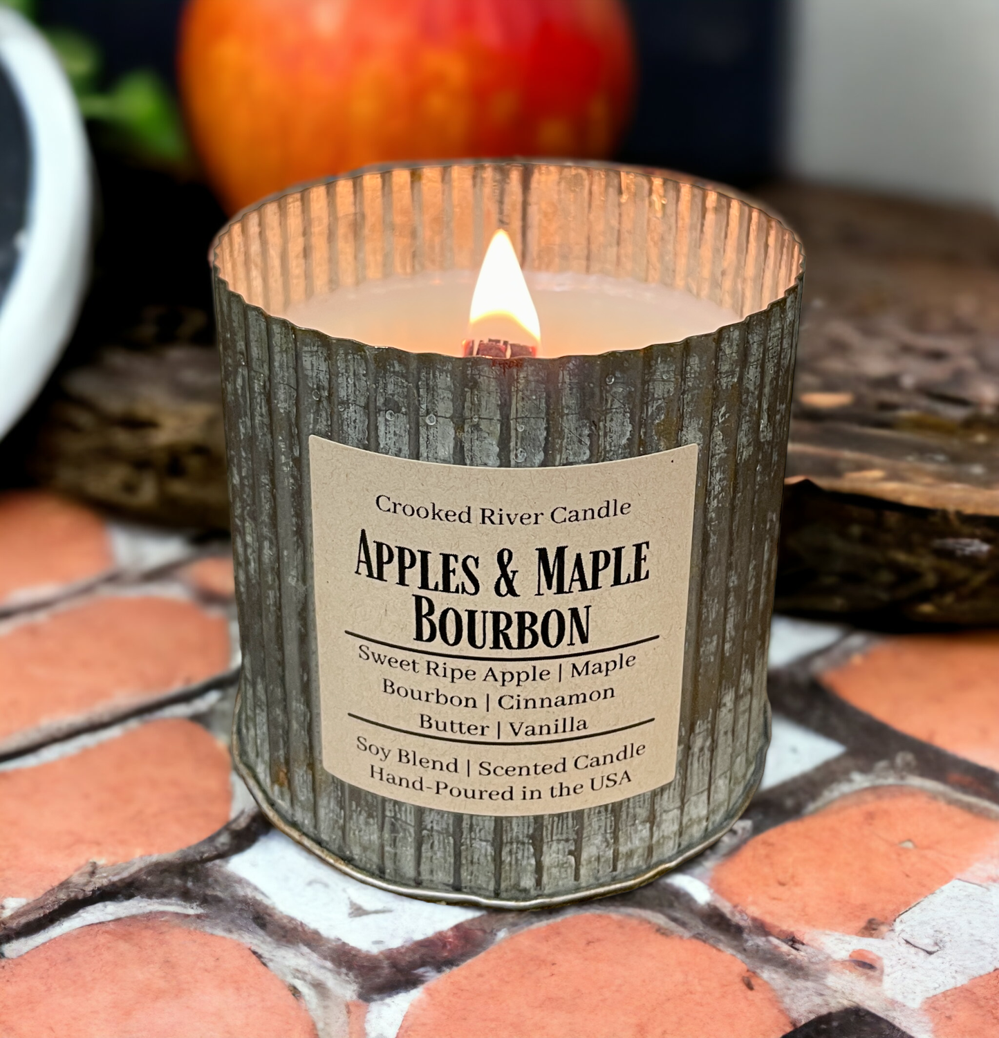 Apples & Maple Bourbon | Rustic Tin Soy Candle | Wood Wick