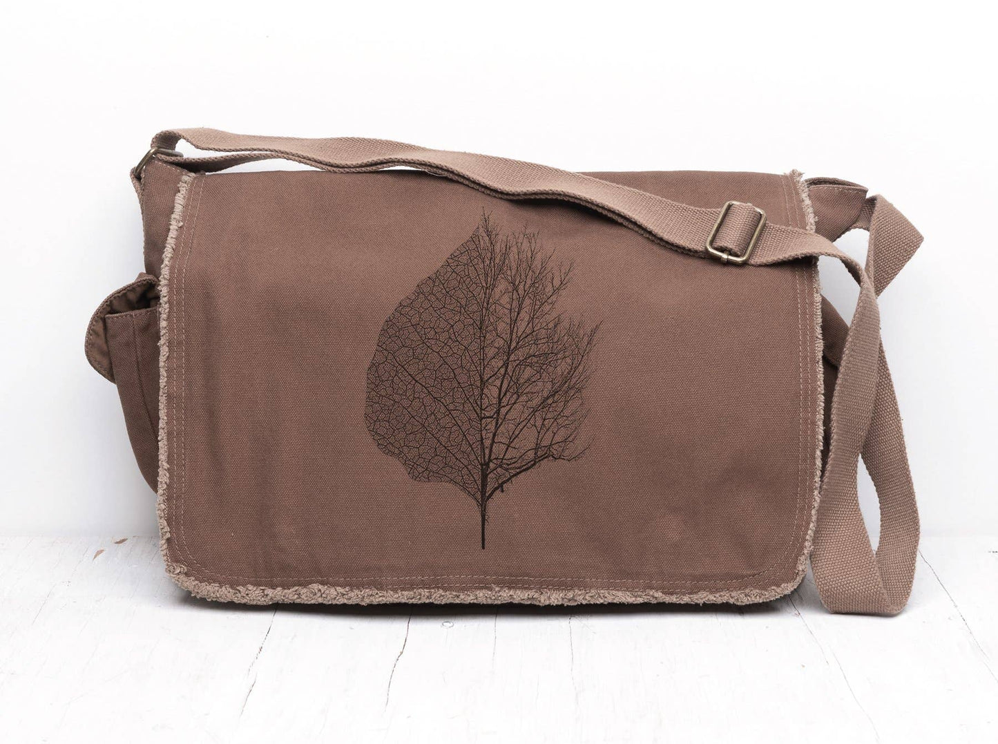 Leaf and Tree Illustration Messenger Bag: Brown