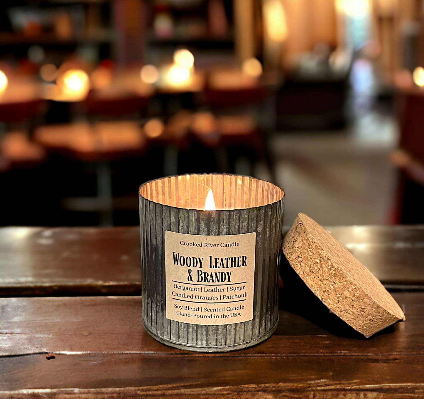 Woody Leather & Brandy | Rustic Tin Soy Candle | Wood Wick