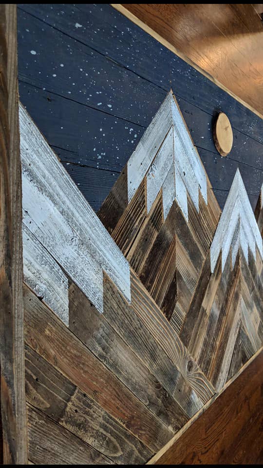 Rustic mountain wood wall art with night sky