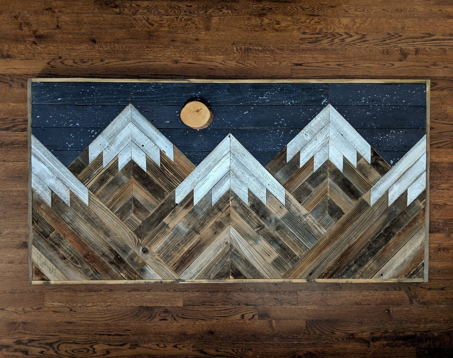 Rustic mountain wood wall art with night sky