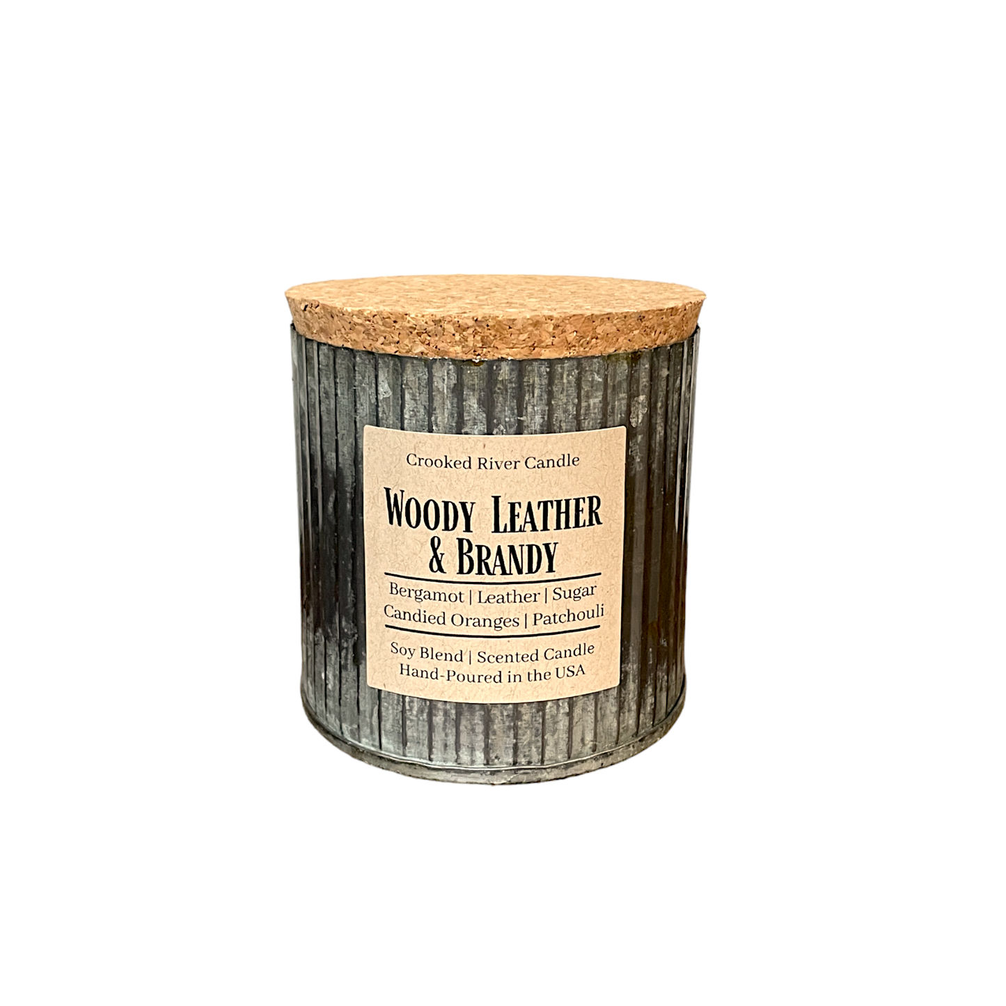 Woody Leather & Brandy | Rustic Tin Soy Candle | Wood Wick